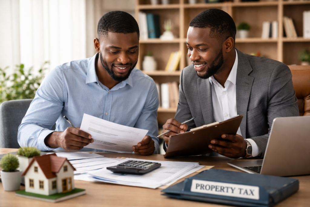 Nigerian real estate investor discussing property tax planning in an office