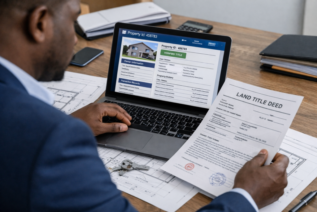 Real estate professional reviewing land title documents and digital property records on a laptop, representing the digitization of real estate transactions in Africa.