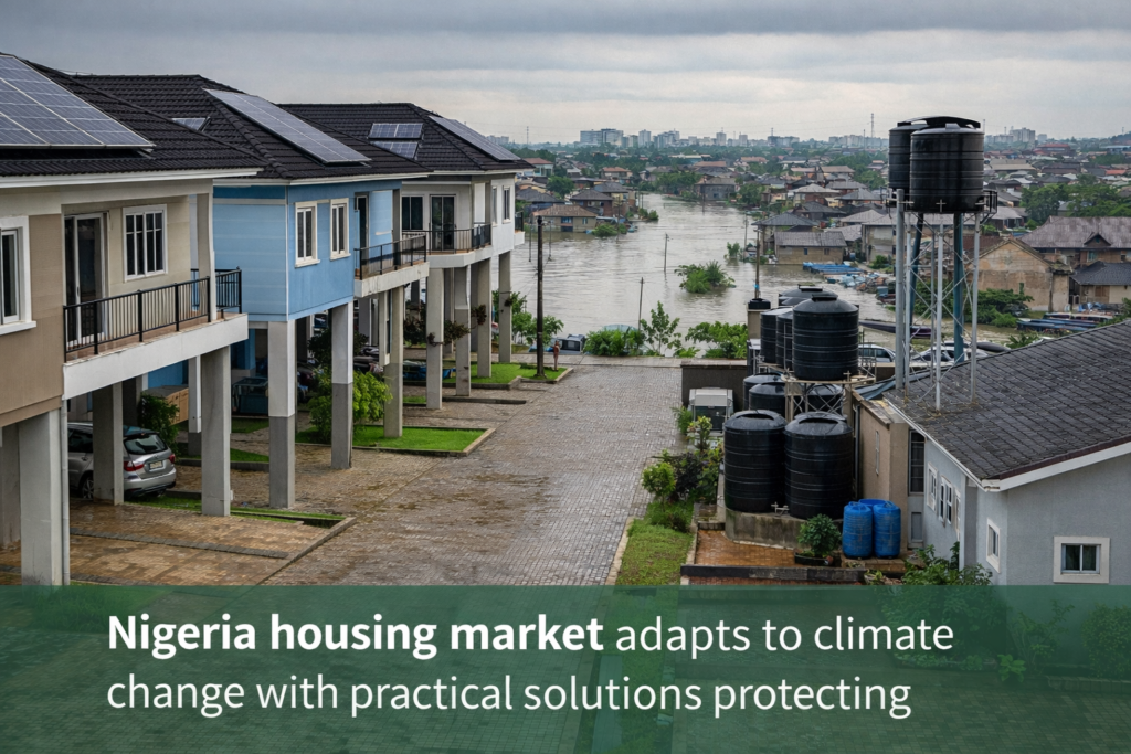 Elevated homes with solar panels and water storage systems in a Nigerian residential estate designed to reduce flood risk.