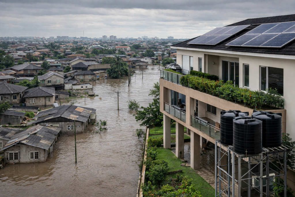 Elevated solar-powered house overlooking flooded residential area in Nigeria during heavy rainfall.
