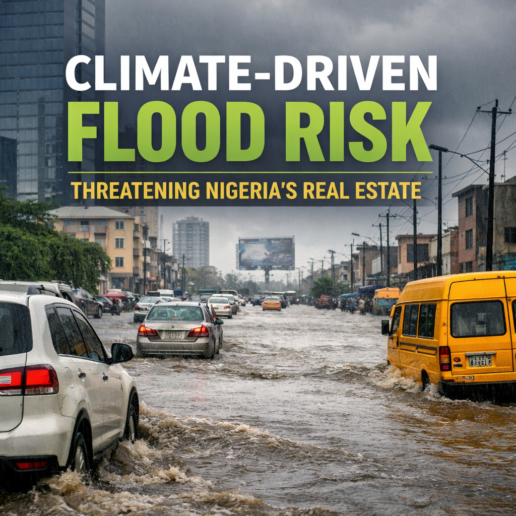 Street flooding in a coastal African city showing submerged vehicles and climate flood risk to urban real estate.
