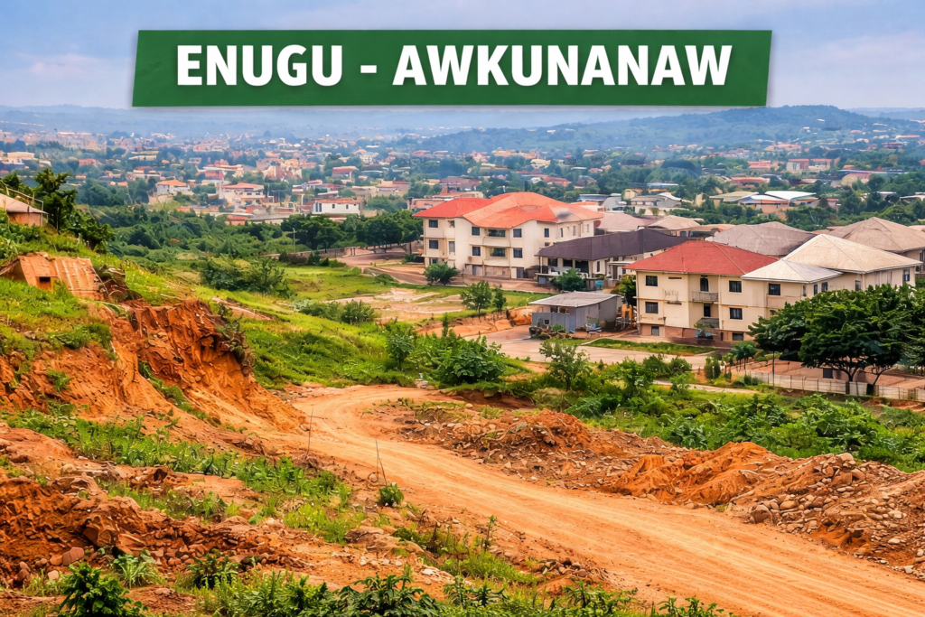 Awkunanaw, Enugu showing undeveloped land and emerging housing developments in Emene Extension and Abakpa/Trans-Ekulu outskirts for land banking investment.