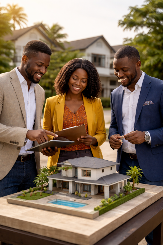 Nigerian real estate professionals reviewing a residential property investment plan outdoors
