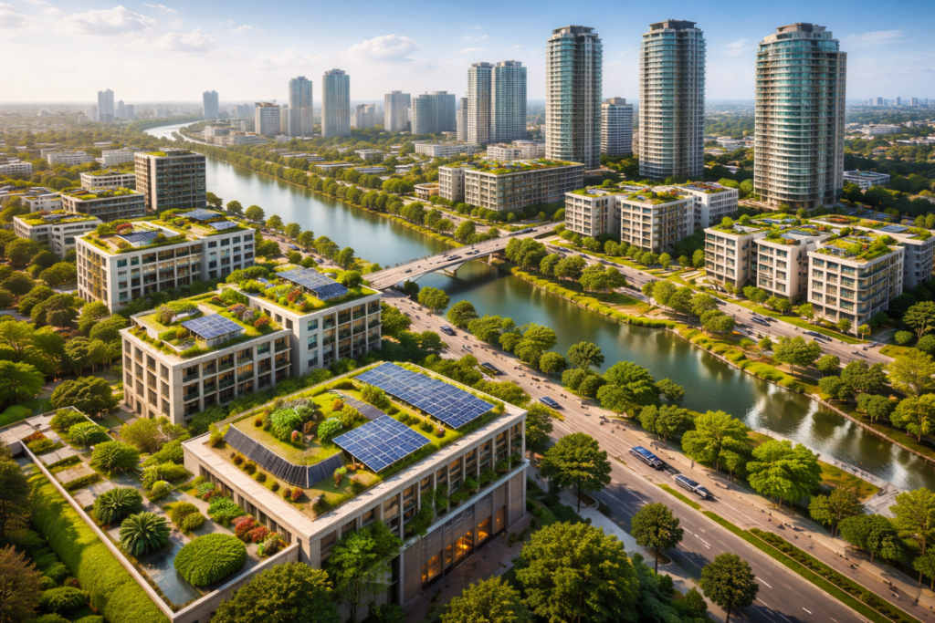 Modern Nigerian city skyline with green rooftops, solar panels, and flood-resilient infrastructure promoting climate-smart real estate development.