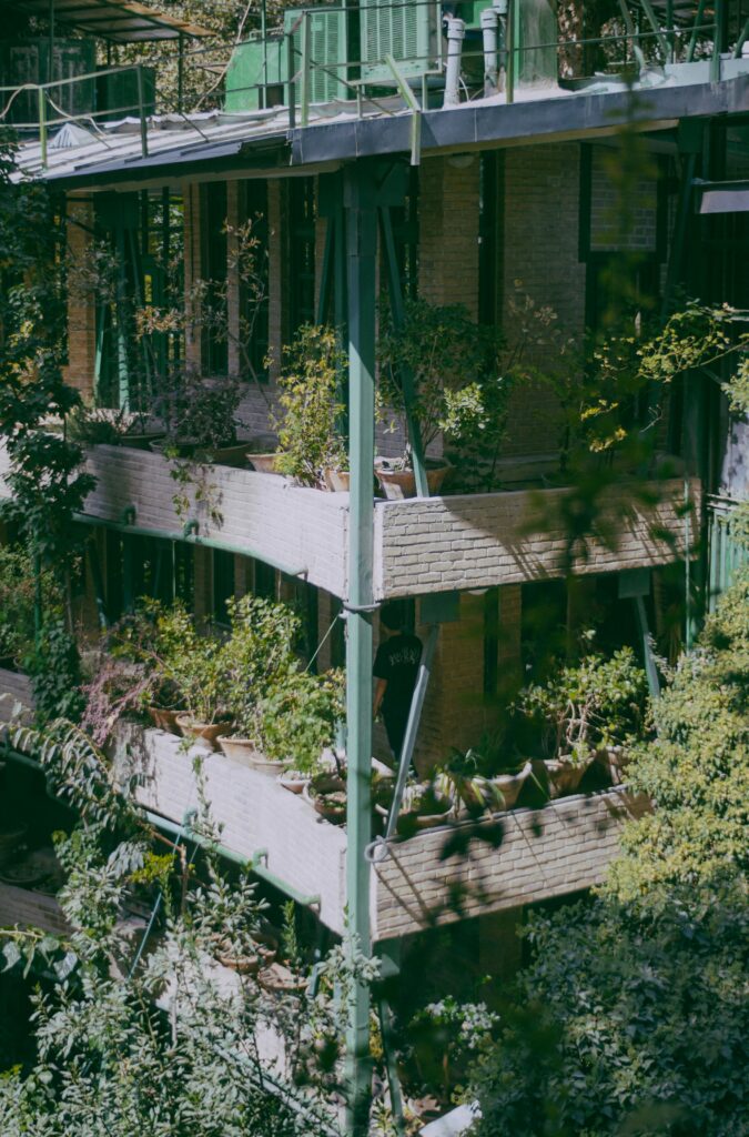 A multi-storey building with lush green plants growing across every balcony representing regenerative real estate design and biodiversity restoration in African cities