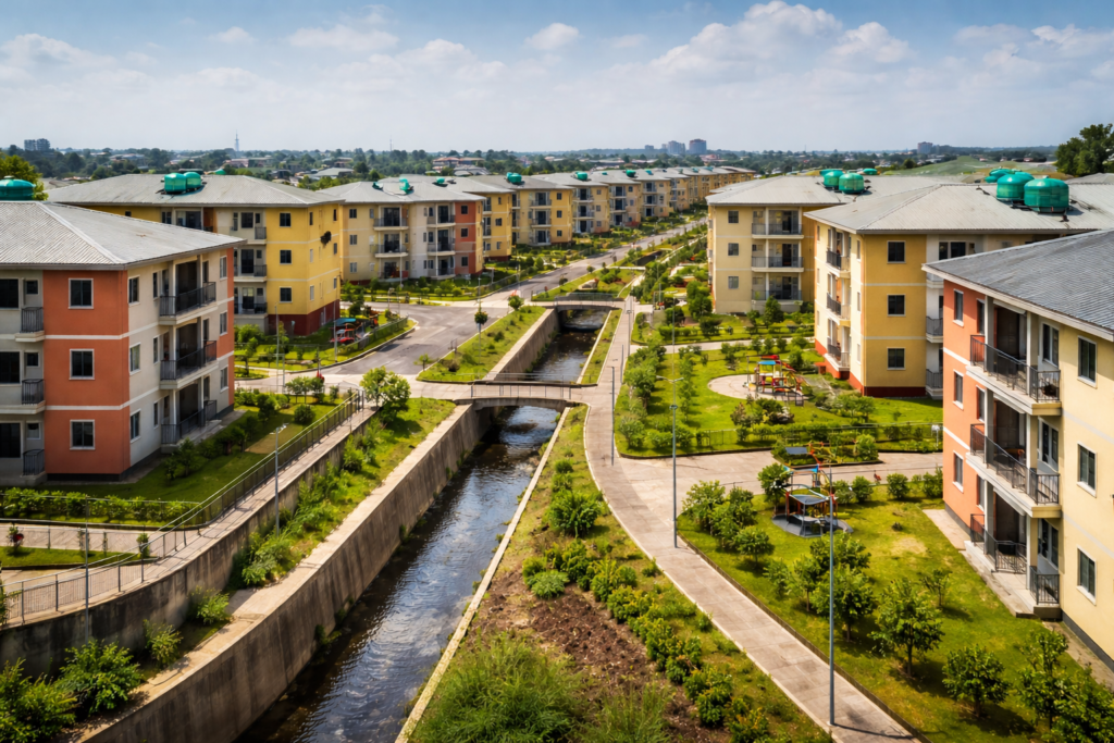 Affordable housing development in Nigeria designed for climate resilience and sustainability.