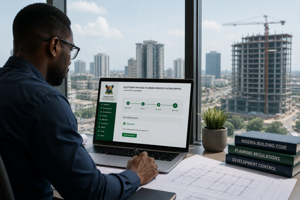 Nigerian real estate developer using a digital building approval system in a modern Lagos office