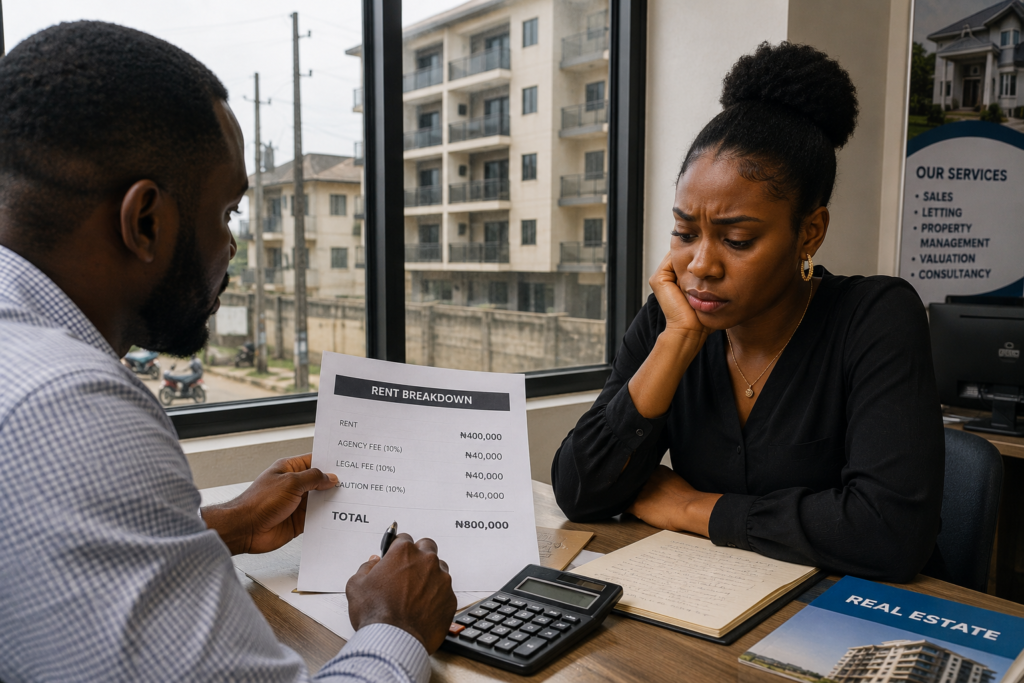 Lagos tenancy bill estate agents frustrated tenant reviewing excessive rent breakdown document at Lagos real estate office