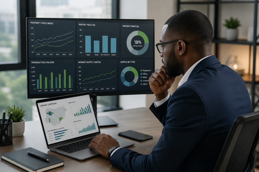 "Nigerian real estate analyst reviewing property market data charts on laptop modern Lagos office daylight photorealistic"