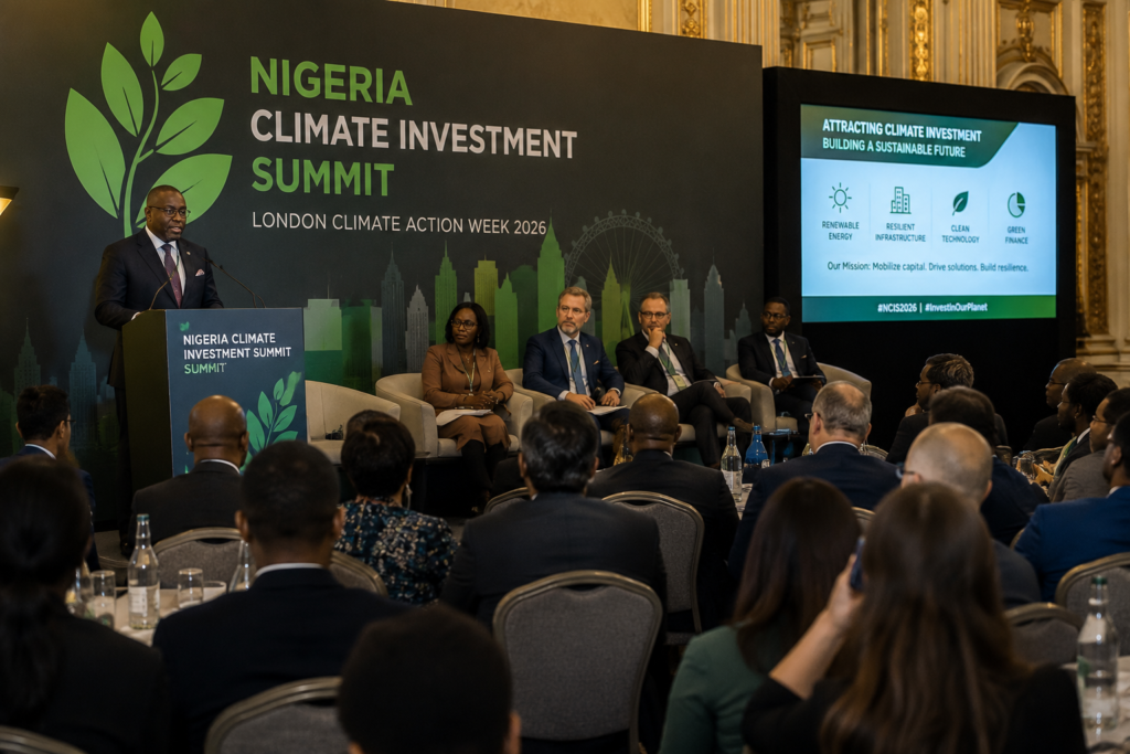 Engineer reviews climate-resilient housing plans at a Nigerian construction site as investors inspect sustainable infrastructure during discussions on climate finance.