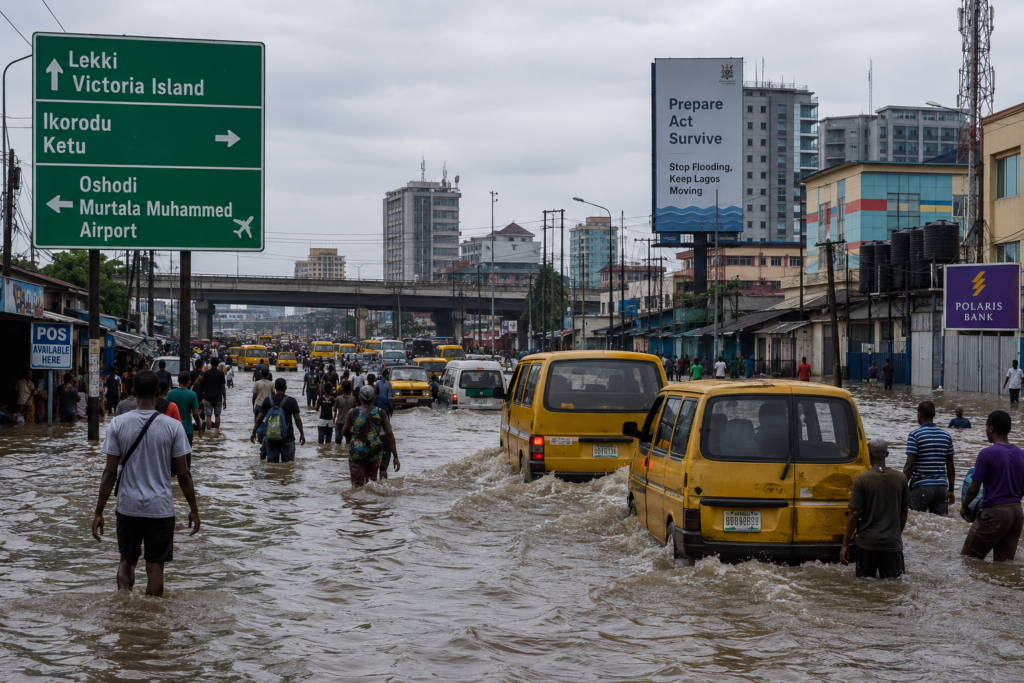 Flooded street in Lagos, Nigeria, with submerged vehicles after heavy rainfall