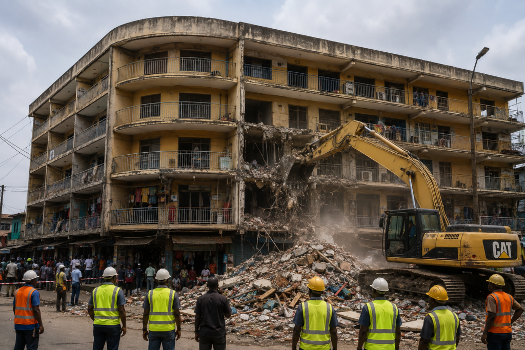 Distressed commercial building in Lagos, Nigeria, marked for demolition after safety inspections