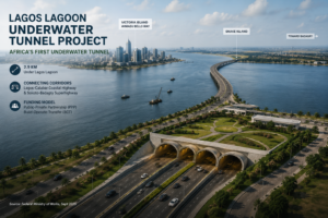 Lagos Lagoon waterfront representing Nigeria's proposed underwater tunnel connecting Victoria Island to Snake Island and Badagry
