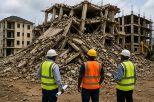 Collapsed concrete building with construction inspectors assessing structural damage in Nigeria