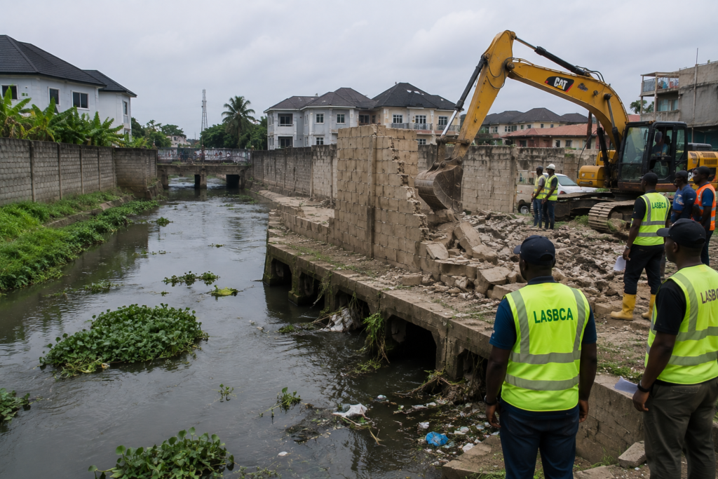 Blocked drainage channel in Lagos, Nigeria, targeted for demolition enforcement in Agungi and Ajiran
