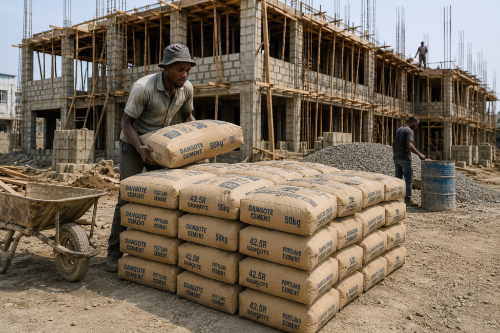 Bags of cement at a Nigerian building materials market, reflecting rising construction costs and housing affordability crisis