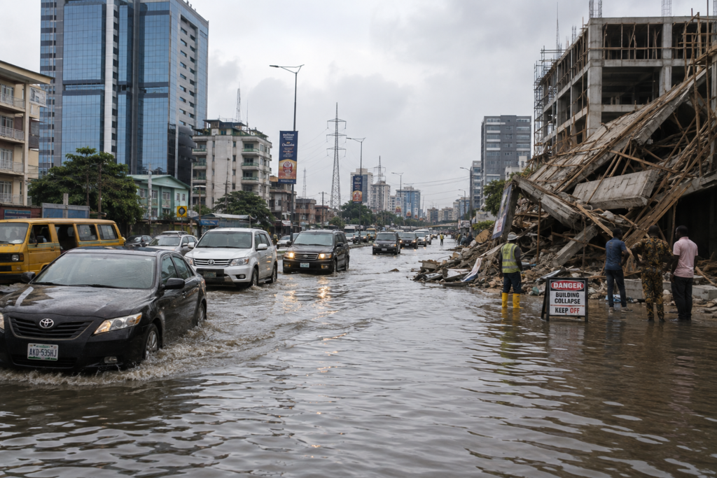 Flooded street in Lagos, Nigeria, illustrating growing flood risk to the property market