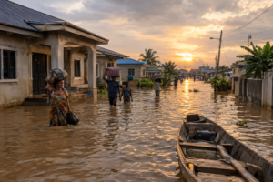 Flooded street with submerged homes and a canoe in a Rivers State community, Nigeria