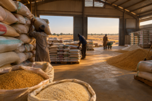 Farmers loading harvested grain into a storage warehouse in Jigawa State, Northern Nigeria